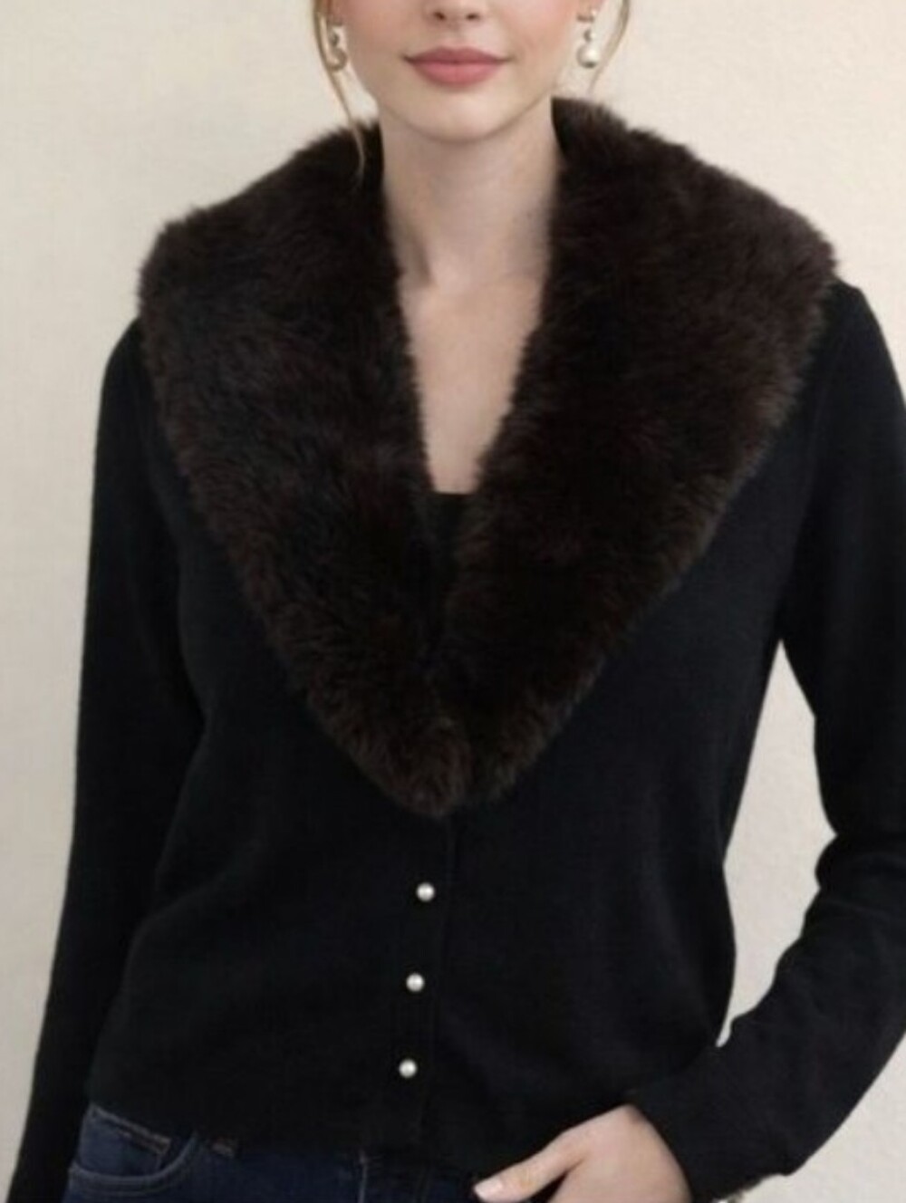 Turbo Vintage Black Cardigan with Real Fur Collar And Faux Pearl Button Accents